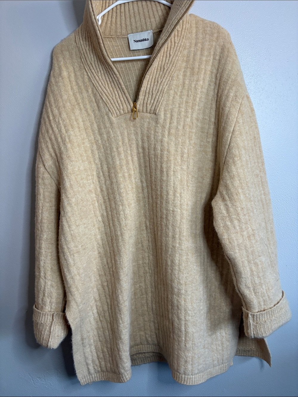 Nanushka Beige Ribbed Half-Zip Sweater